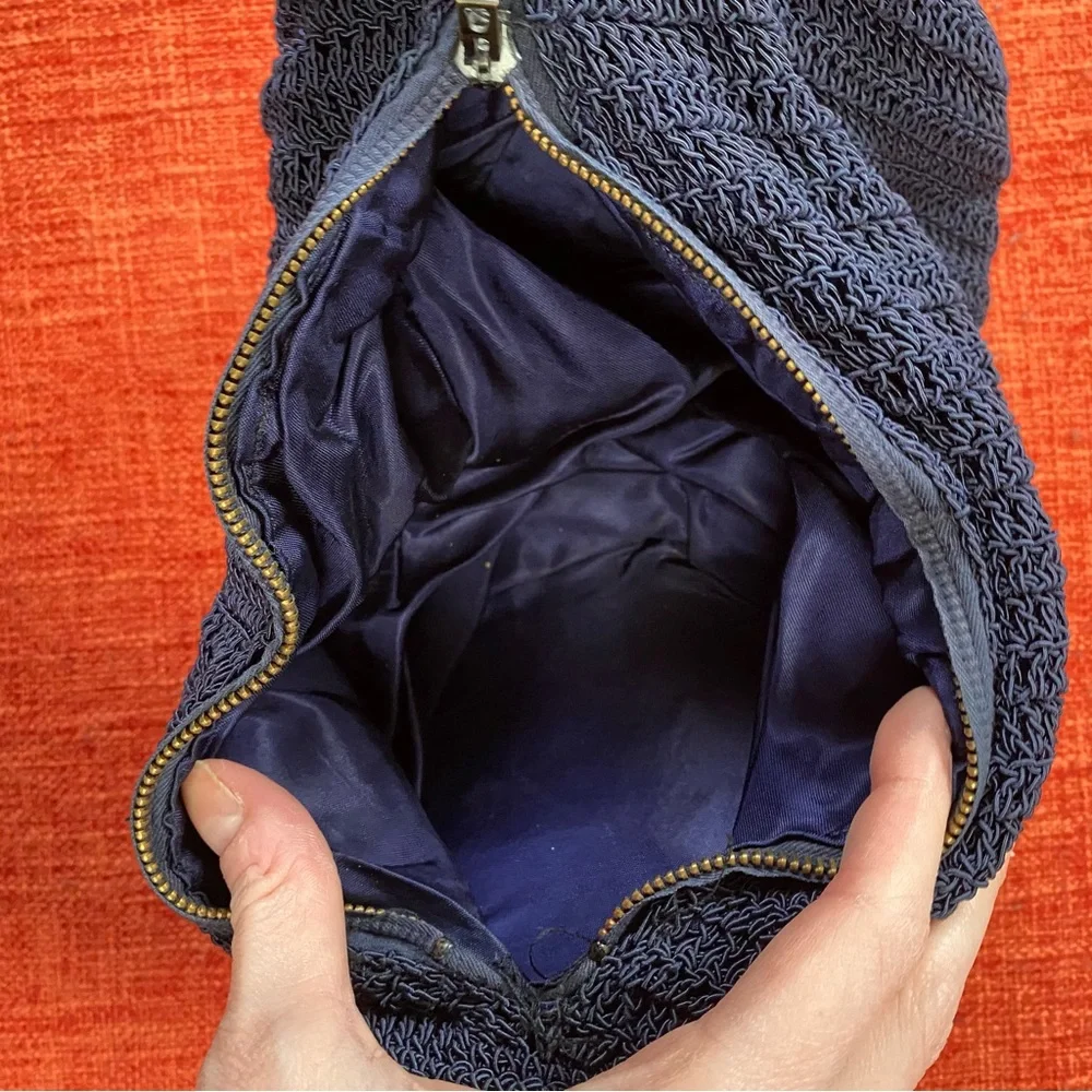 VTG 30’s 40’s Navy Blue Crochet Convertible Clutch With Strap Wristlet